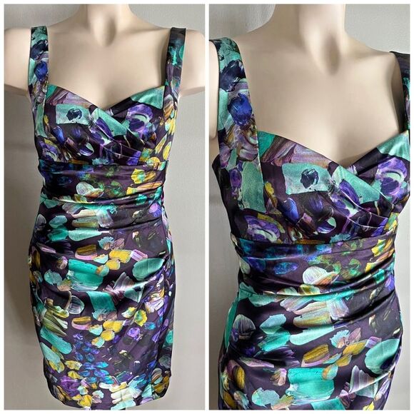 Donna Morgan NWT Floral Bodycon Cocktail Dress Sz 12 Ruched Multicolor - Picture 1 of 11